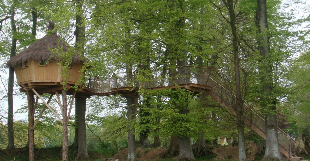 Cabane des sous bois vue de profil début de feuilles